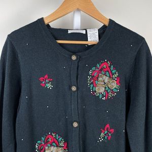 White Stag Ugly Christmas Sweater Beaded Bells Wreaths w/ Scarf Womens‎ Large